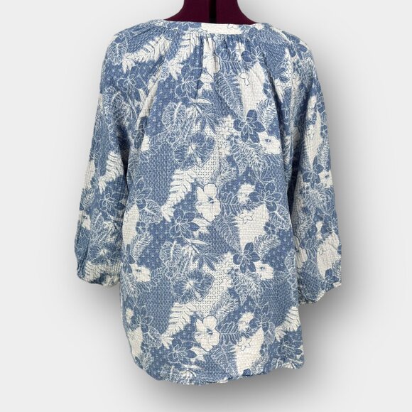🔵 2/$15 ~ mySTYLE 2X blue floral gauze peasant blouse split neck long sleeve - Picture 3 of 9